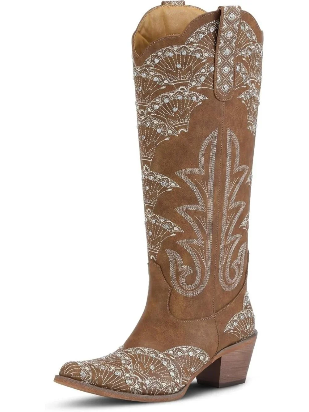 Women's Brown Durable 3D Rhinestone Knee High Sparkly Embroidery Western Boots